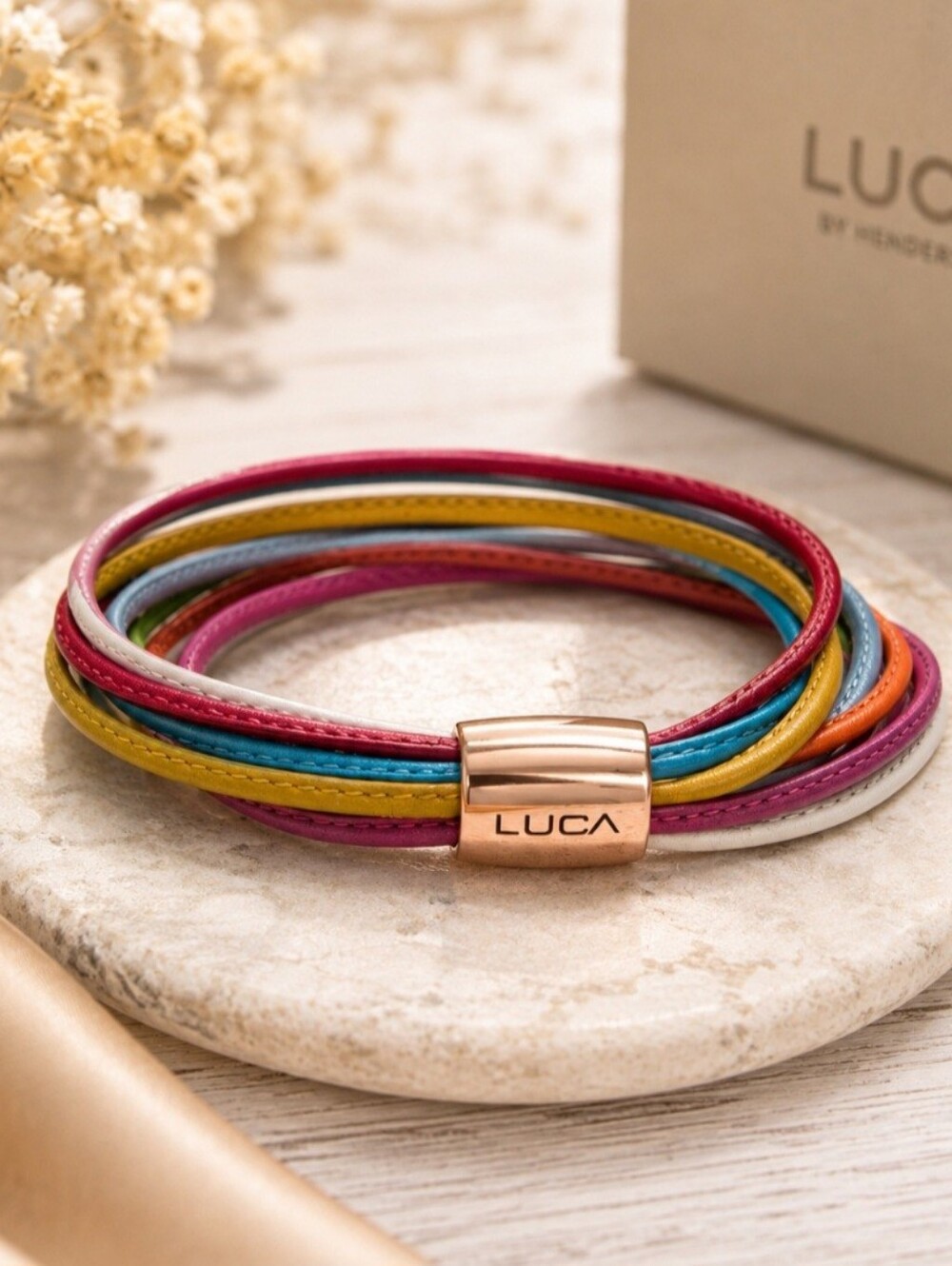 Multicolor Leather Wrap Bracelet with Rose Gold Clasp Luca By Henderson